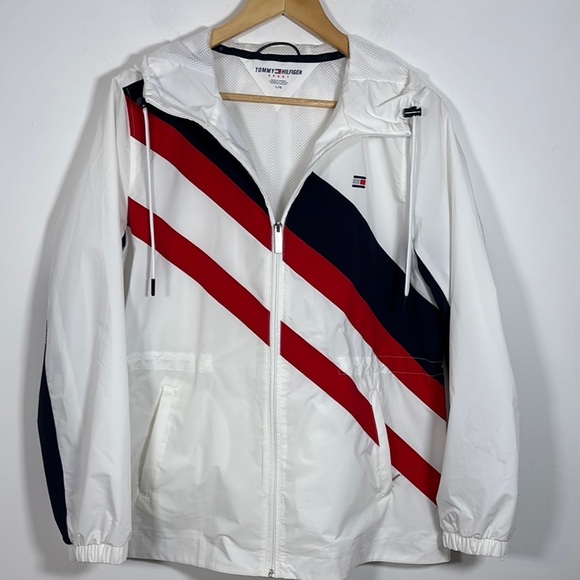 Tommy Hilfiger Utility Jacket White Red Hooded Large Windbreaker Nautical Preppy - Picture 8 of 8